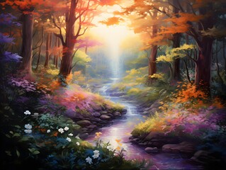 Digital painting of autumn forest with a river flowing through the woods at sunset
