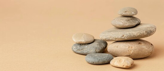 Fototapeta na wymiar pile of rocks, small stones on a tan surface, stand for showcasing products, empty space for text