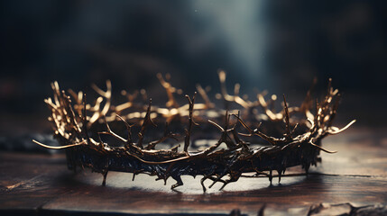 a crown of thorns is displayed on a table - obrazy, fototapety, plakaty