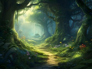 Fantasy forest in the morning. 3D rendering. Computer digital drawing.