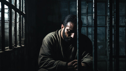 A prisoner in a cell behind bars suffers from depression - obrazy, fototapety, plakaty