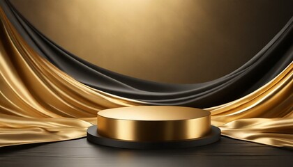 Gold podium background product silk luxury black 3d golden display fabric abstract premium stage. 