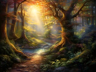 Fantasy forest with a path leading to the sun through the trees