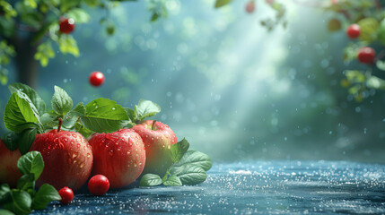 Raindrops speckle fresh red apples with vibrant leaves, symbolizing freshness and natural wellness on a rustic wooden backdrop. - obrazy, fototapety, plakaty