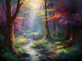 Beautiful autumn forest with a river and trees. Digital painting.
