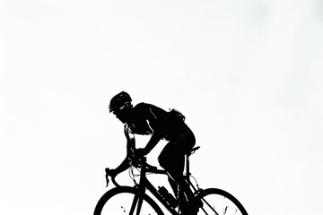 Fototapeta premium Cyclist silhouette cameo, mid-pedal, dynamic positioning, solid white background.