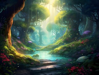 Fantasy fantasy landscape with dark forest and pond, 3d illustration