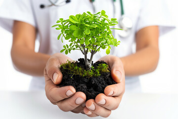 Medical hands presenting a small, thriving plant, connecting healthcare with the growth and nurturing of life.