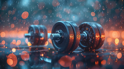 Moody scene of dumbbells on a reflective surface with raindrops, highlighting the concept of persistence in fitness. Bokeh blur in the background.