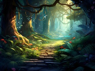 Fantasy landscape with a path through the forest, 3d illustration