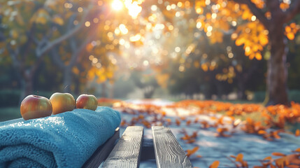 A serene autumn scene with apples and a blue towel on a wooden bench, bathed in the warm glow of...