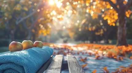 Fototapete Rund A serene autumn scene with apples and a blue towel on a wooden bench, bathed in the warm glow of the morning light. Time for an outdoor workout. © SnapVault