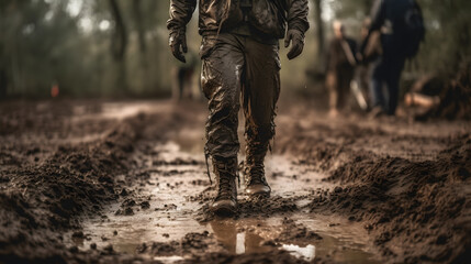 a muddy person walks on his feet in front of a muddy trail
