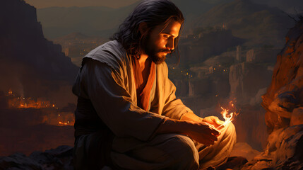 a painting of jesus kneeling down in the evening
