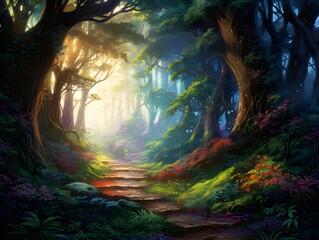 Fototapeta na wymiar Fantasy landscape with a path in the forest. 3d rendering