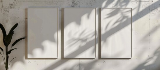 Three vertical rectangular poster mockups with subtle shadows on a light grey concrete wall. Flat lay view from above.