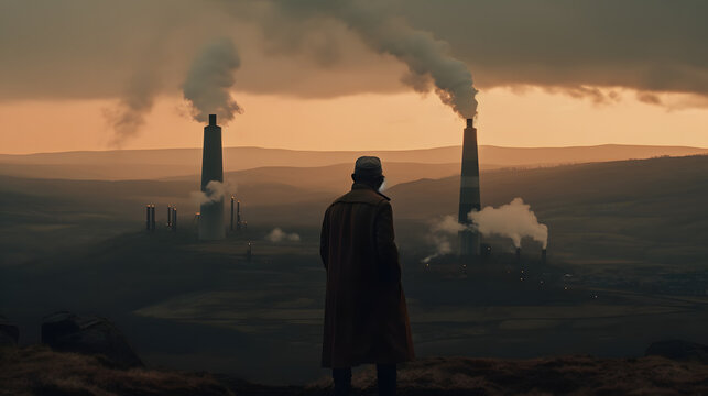 a person looks out across an open landscape and smoke rising from the chimneys
