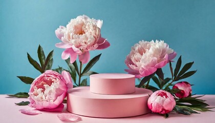 Round pink podium platform stand for beauty product presentation and beautiful peonies flowers...