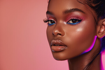 Exquisite Beauty Portrait with Neon Light Makeup on Flawless Skin