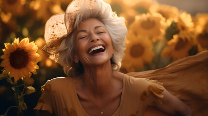 a smiling elder woman laughing while being among sunflowers