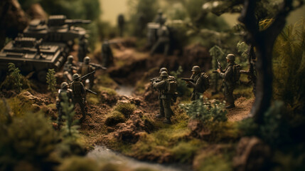 Obraz premium a scene with a bunch of miniature soldiers and greenery