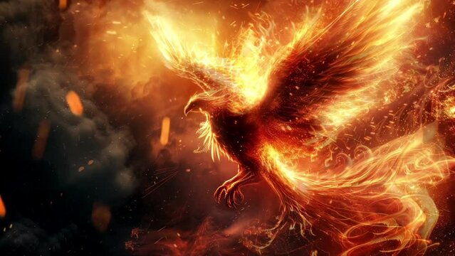 Majestic phoenix with burning fire feathers on a dark background