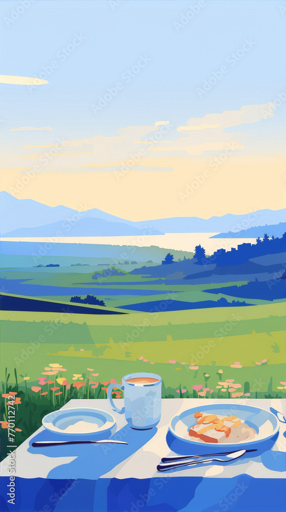 Wall mural serene morning landscape with rolling hills, blue lake and mountains in the distance, breakfast tabl