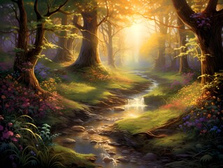 Beautiful fantasy landscape with a river in the forest. Digital painting