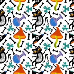 Halloween black cat seamless witch cat and mushrooms and poison bottle pattern for wrapping and fabrics