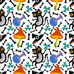 Halloween black cat seamless witch cat and mushrooms and poison bottle pattern for wrapping and fabrics