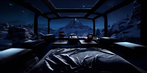 Futuristic bedroom interior with a large glass window looking out onto a snowy mountain landscape, blue and white colors, digital art, interior design, concept art