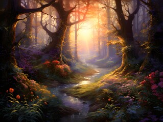 Beautiful fantasy forest with a river at sunset. Digital painting.
