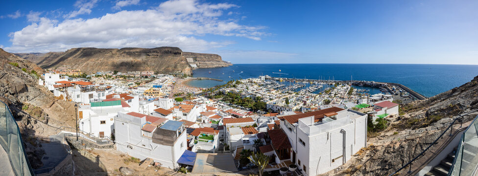 Panoramic image of Puerto de Mogán in the south of the island Gran Canaria, Canary Islands, Spain. Stitched from several images and downscaled.