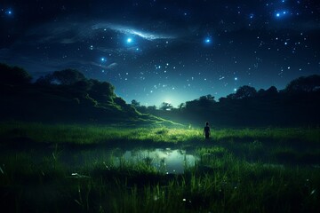 Naklejka premium Person Standing in Field at Night