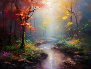 Digital painting of a creek in the autumn forest with colorful leaves.