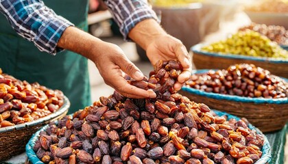 Close up of hands picking dried dates on at local market. 