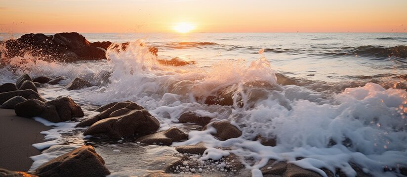 Beautiful seascape with waves and rocks at sunset. Long exposure.