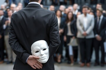 Deception unveiled: Businessman holding mask amidst group - obrazy, fototapety, plakaty