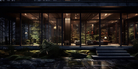 Fototapeta premium Tranquil forest retreat with minimalist home exterior and interior in muted colors and natural materials