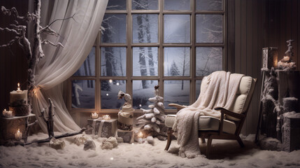 Cozy winter scene with a window, candles, armchair and a decorated Christmas tree