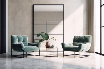 Two armchairs in front of a mirror in a room with a minimalist style, neutral colors and large windows