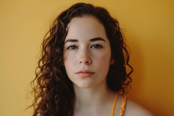 Portrait of a beautiful young woman with curly hair on a yellow background