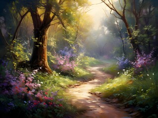Beautiful fantasy landscape with a path in the forest. Panorama