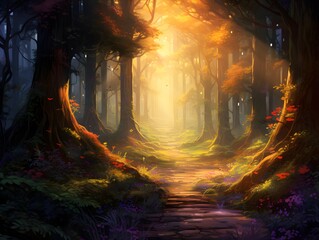 Mysterious forest with a path through the trees, 3d illustration