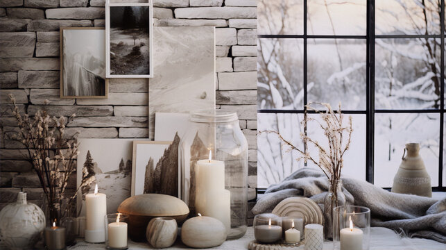 Snowy mountain landscape photos with brick wall and large jar of candles and vase on table