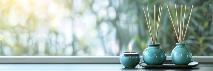 Tranquil spa setting with lit candles and fragrant reed diffuser on table, soft focus background - obrazy, fototapety, plakaty