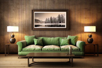 Fototapeta premium Retro green sofa in a wooden living room with a lake picture