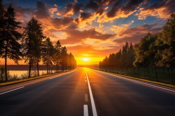 The Sun Sets Over a Road With Trees on Both Sides