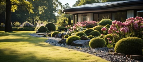 luxury landscape design with green manicured lawn - obrazy, fototapety, plakaty