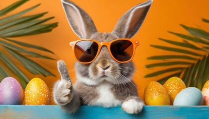 Funny easter animal pet - Easter bunny rabbit with sunglasses, giving thumb up, isolated on orange background 